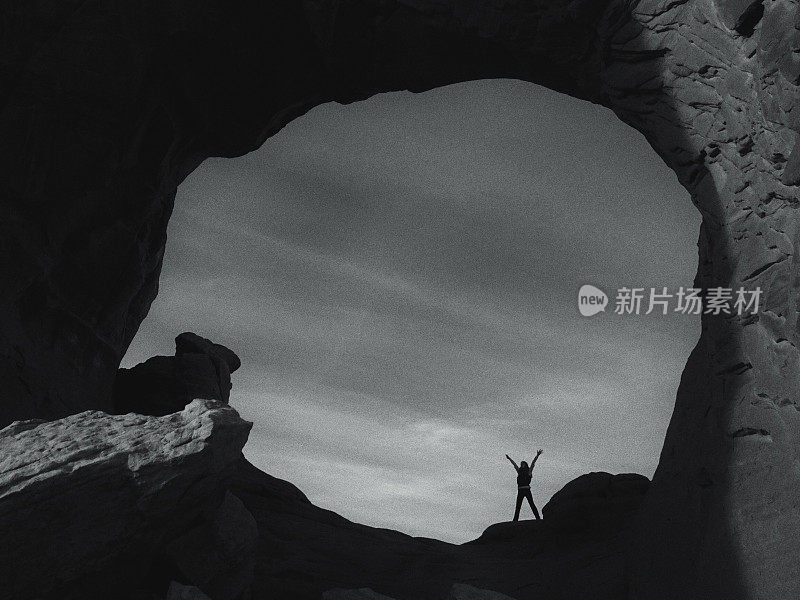 Arms Outstretched Person Silhouette Inside Broken Arch Round Formation